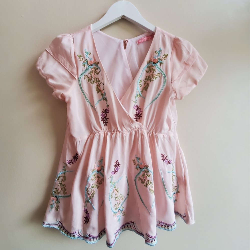 Pura Vida embroidered cotton pink top tie back, empire waist